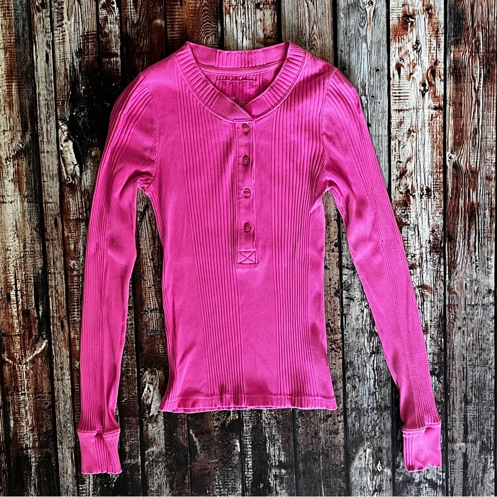 Aerie Road Trip Pink Ribbed Long Sleeve Henley Top